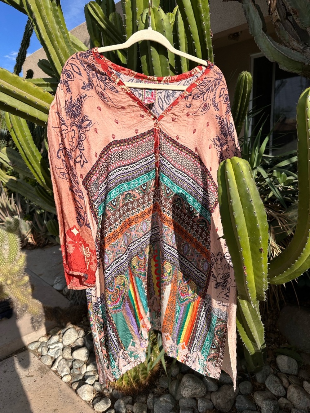 Johnny Was Silk Paisley Patchwork V-Neck Tunic Dress Cover-Up | Size S